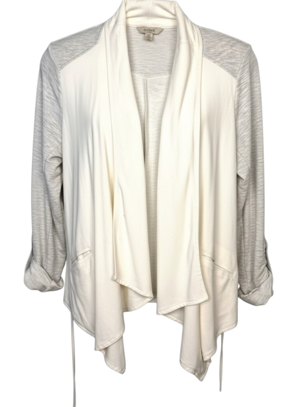 Dolce Vita Left Coast Collection lightweight open-front cardigan in a soft cream
and heather grey colour block design.