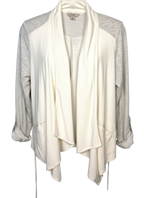 Dolce Vita Left Coast Collection lightweight open-front cardigan in a soft cream
and heather grey colour block design.
