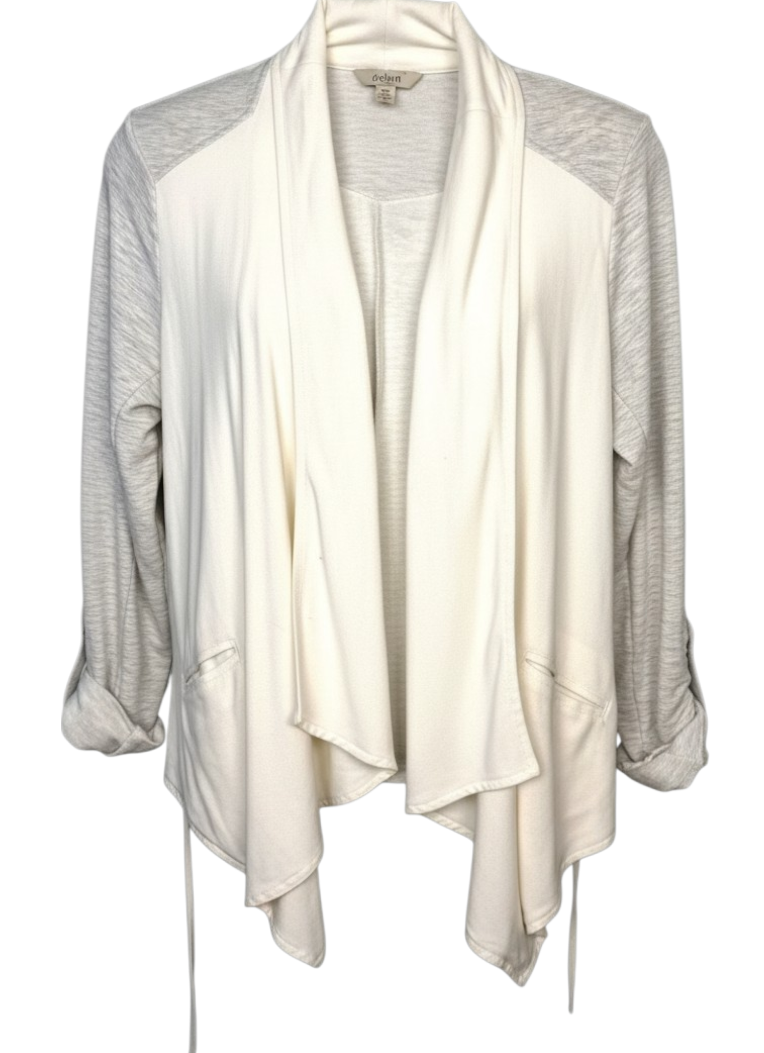 Dolce Vita Left Coast Collection lightweight open-front cardigan in a soft cream
and heather grey colour block design.