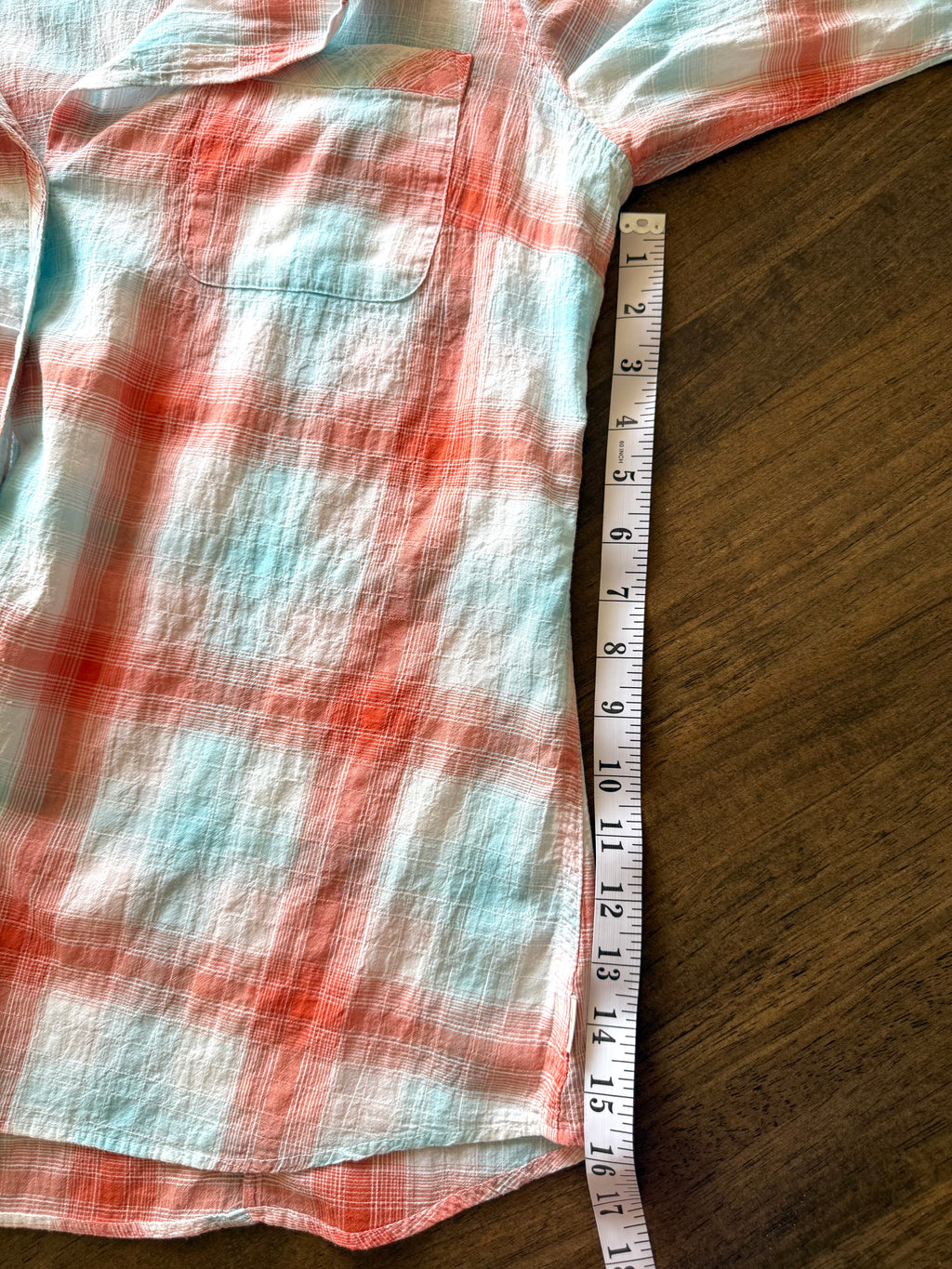 Eddie Bauer Button-Down Plaid Shirt at Blue Sparrow Shop measuring 16" underarm to hem 