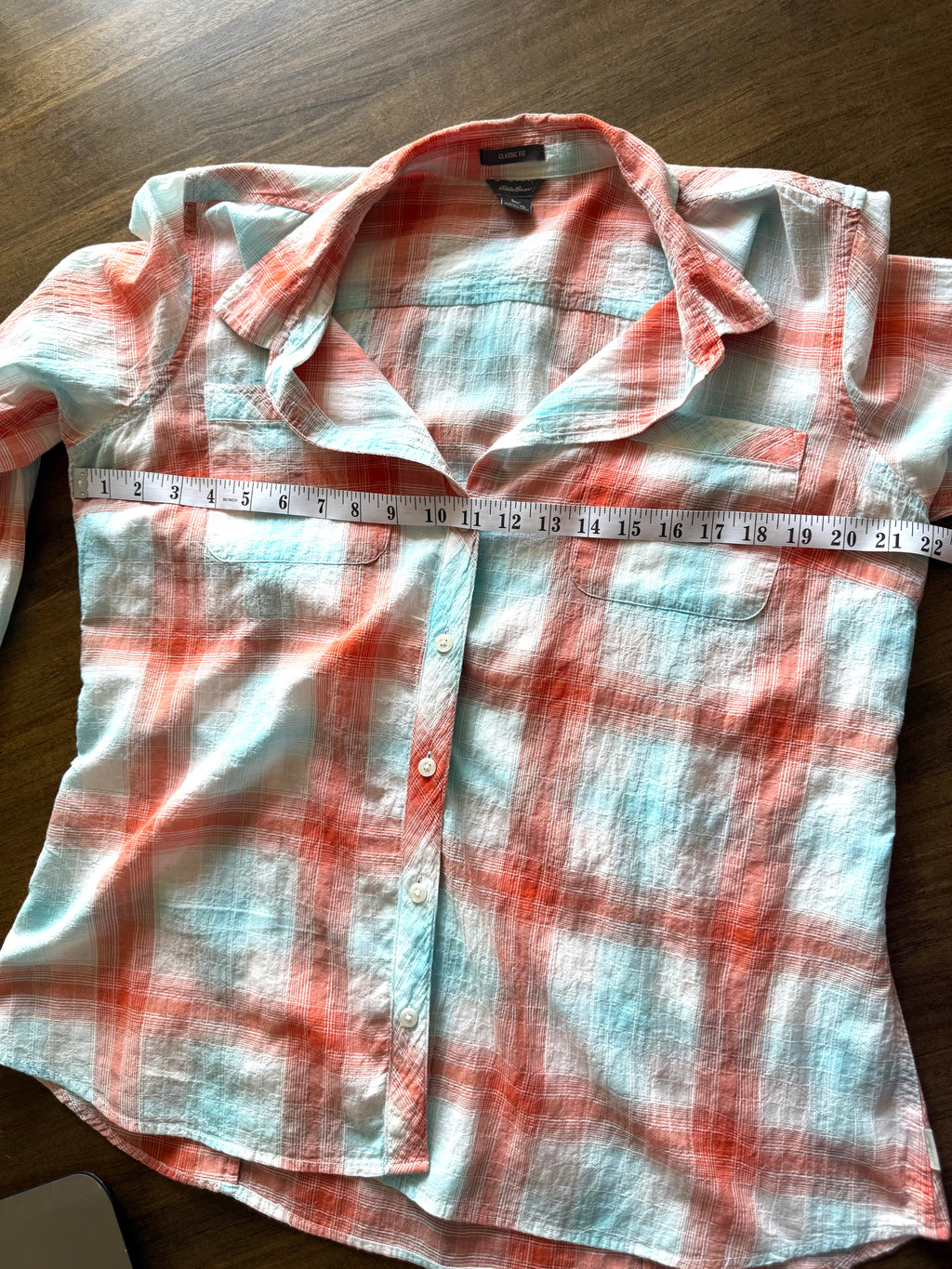 Eddie Bauer Button-Down Plaid Shirt at Blue Sparrow Shop measuring 44" bust 