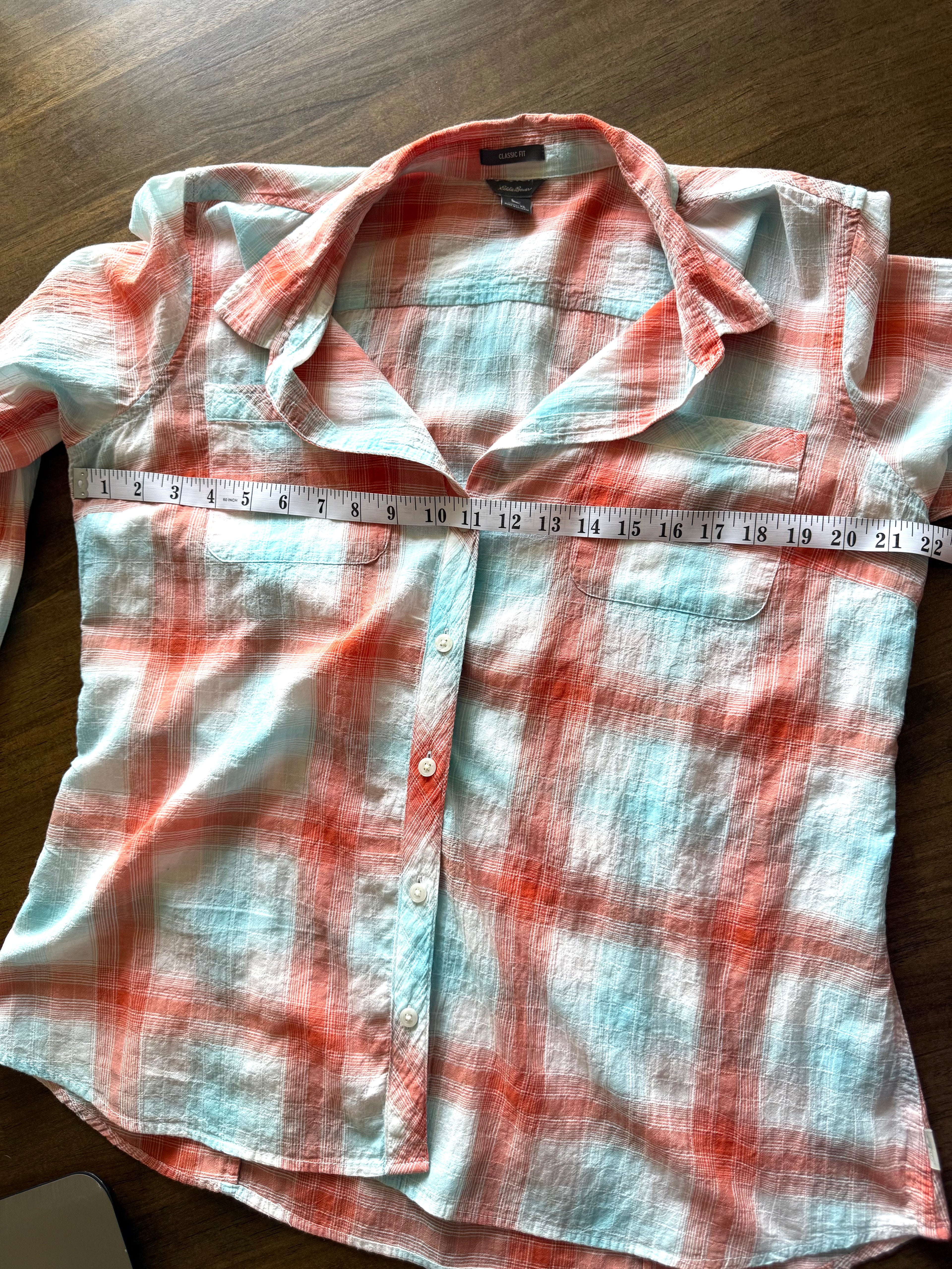 Eddie Bauer Button-Down Plaid Shirt at Blue Sparrow Shop measuring 44" bust 