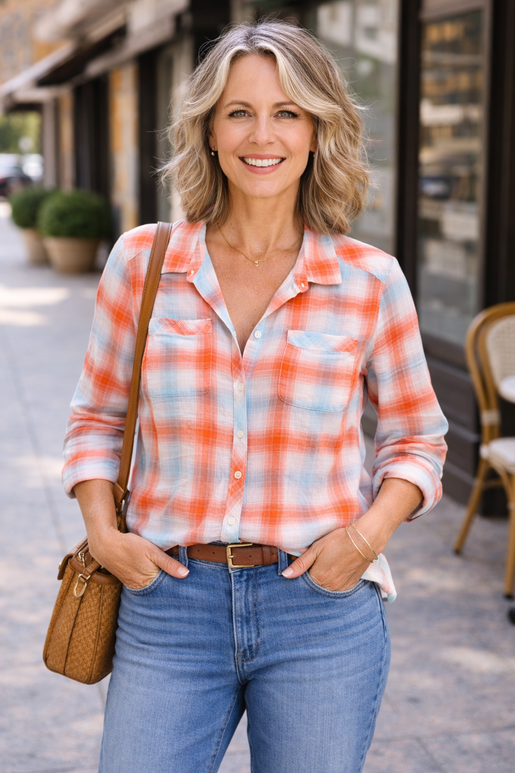 Eddie Bauer Button-Down Shirt at Blue Sparrow Shop on woman outside 