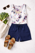 Eddie Bauer Gauze Tank Top | Size M on flatlway with sandals, shorts, bag of veggies at Blue Sparrow Shop