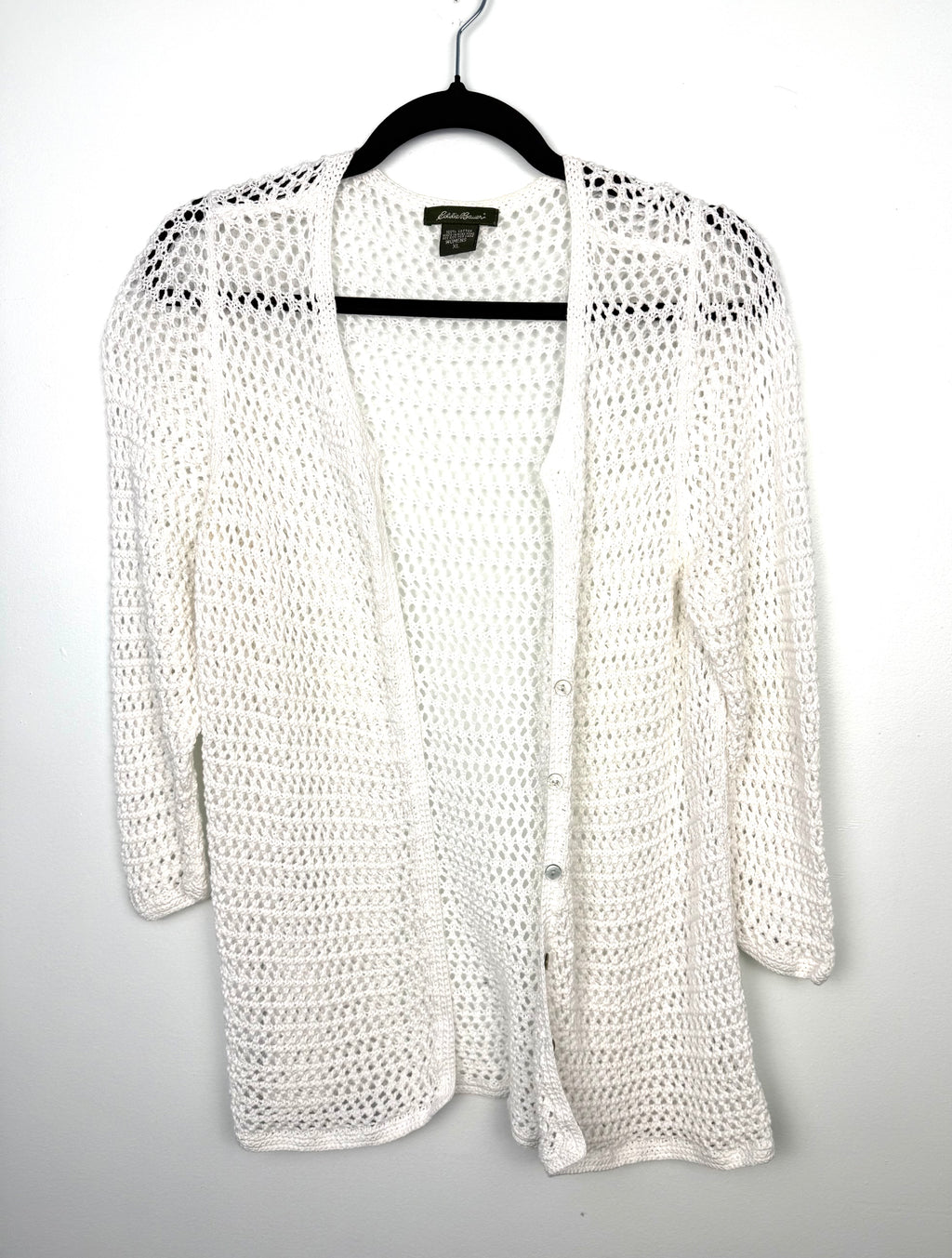 Eddie Bauer white cotton open knit cardigan women size XL button front sweater