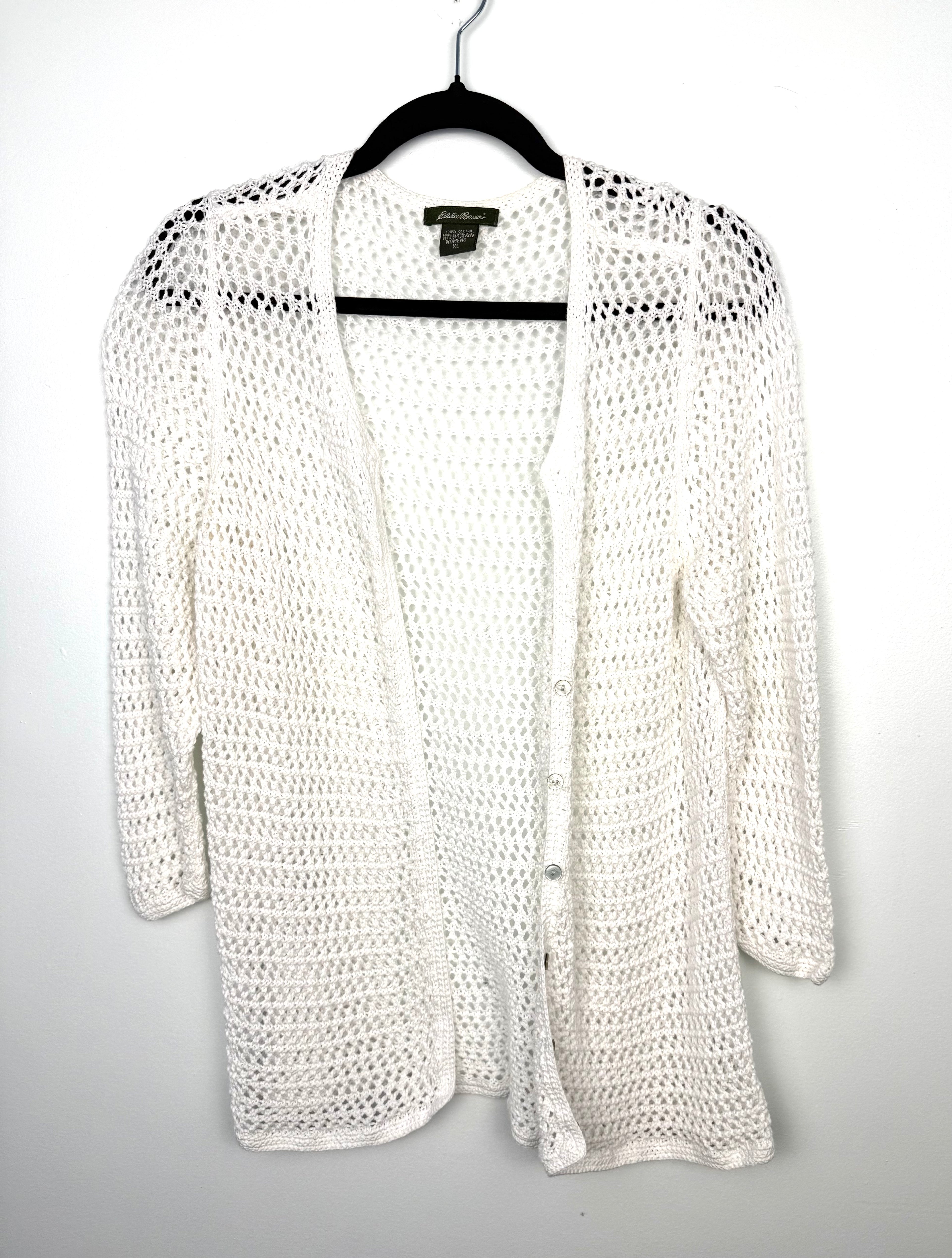 Eddie Bauer white cotton open knit cardigan women size XL button front sweater