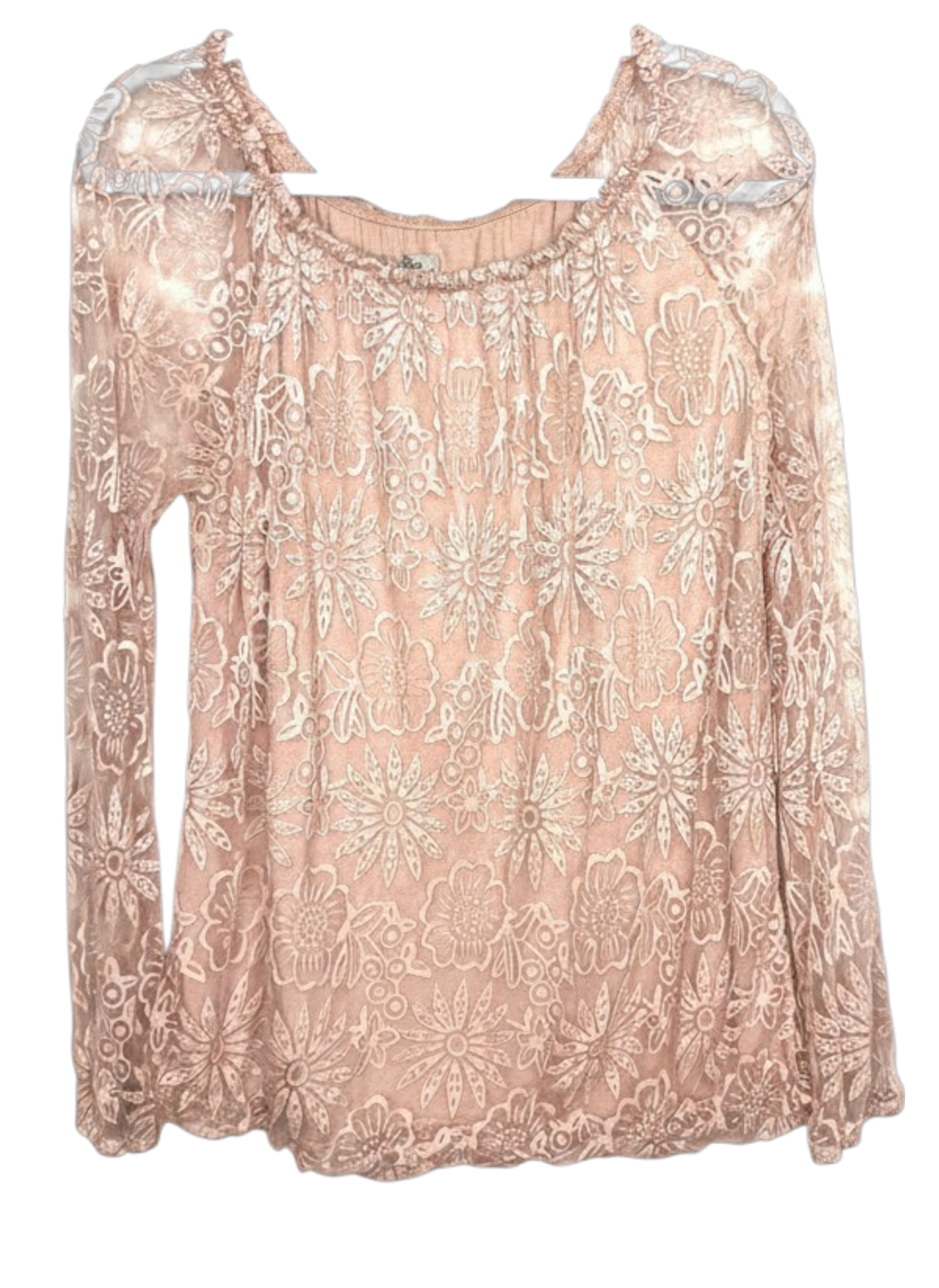 Elena Baldi Italian Lace Mesh Top Blush Floral Long Sleeve L