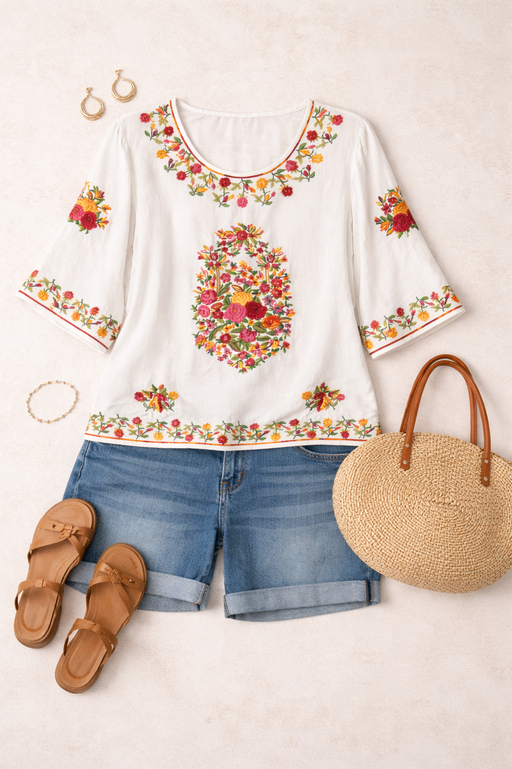 Embroidered Floral Tunic Blouse | Size L at Blue Sparrow Shop on flatlay