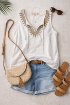 Embroidered Sleeveless Blouse | Size L by Ann Taylor Loft at Blue Sparrow Shop lifestyle flatlay with sandals, sunglasses, purse, denim shorts