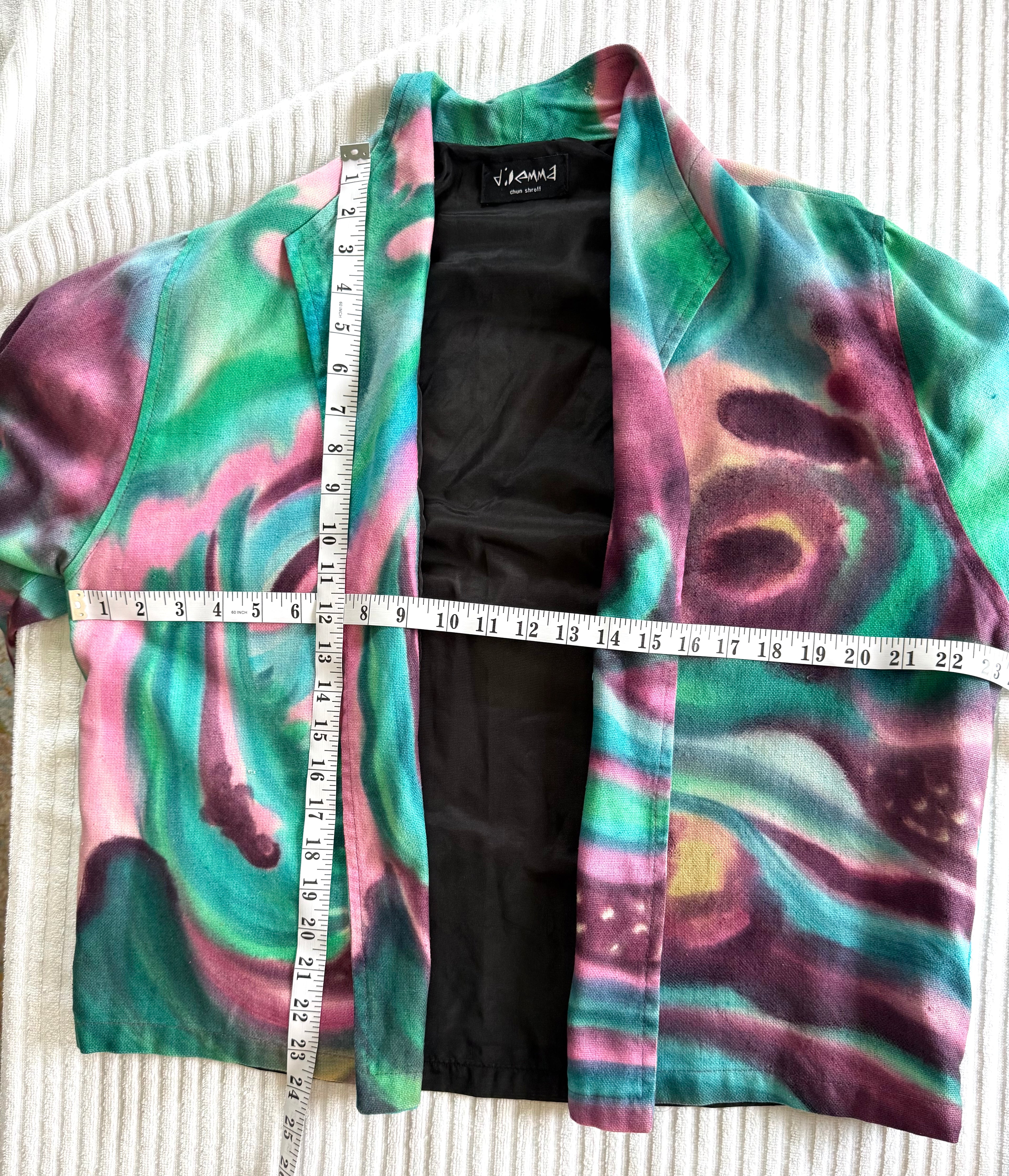 Emma Chun Shroff Hand Painted Silk Jacket | Wearable Art Blazer at Blue Sparrow Shop measuring 46" bust and 24" shoulder to hem