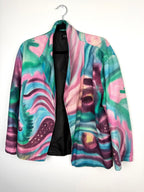 Emma Chun Shroff Hand Painted Silk Jacket | Wearable Art Blazer at Blue Sparrow Shop on hanger