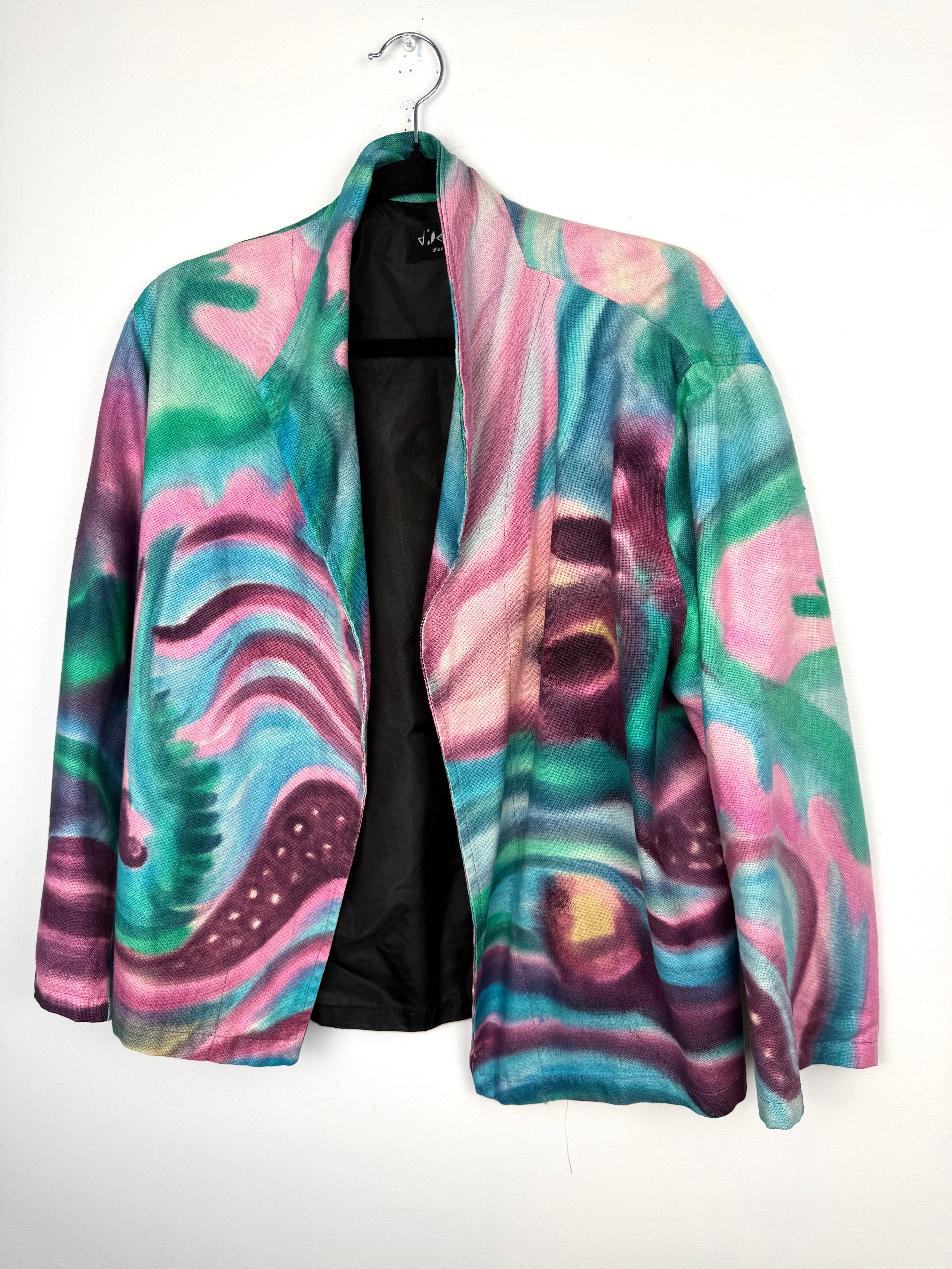 Emma Chun Shroff Hand Painted Silk Jacket | Wearable Art Blazer at Blue Sparrow Shop on hanger