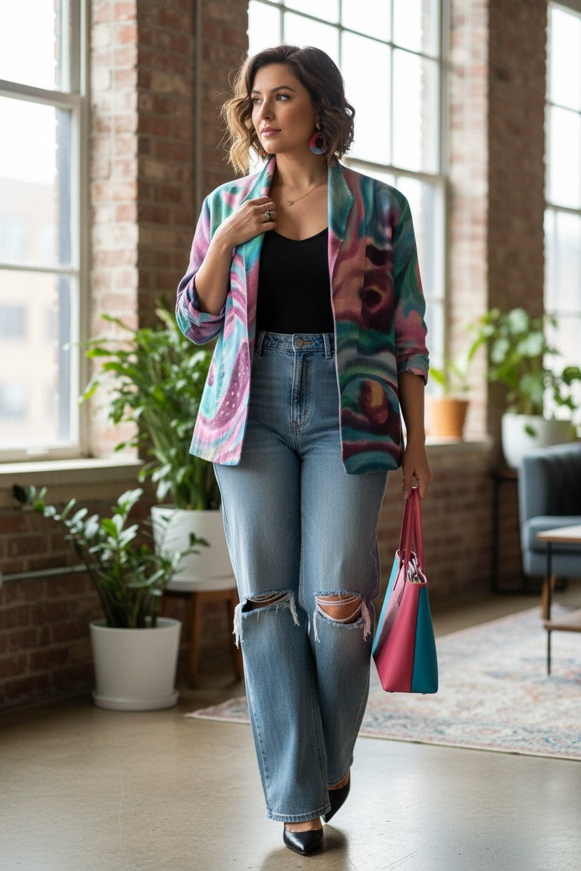 Emma Chun Shroff Hand Painted Silk Jacket | Wearable Art Blazer at Blue Sparrow Shop on woman standing by window wearing jeans