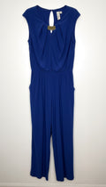 Emma & Michele cobalt blue sleeveless draped pleated bodice jumpsuit at Blue Sparrow Shop