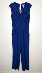 Emma & Michele cobalt blue sleeveless draped pleated bodice jumpsuit at Blue Sparrow Shop