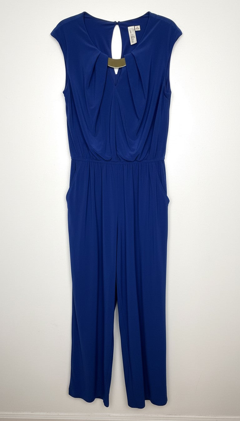 Emma & Michele cobalt blue sleeveless draped pleated bodice jumpsuit at Blue Sparrow Shop