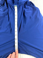 Emma & Michele cobalt blue sleeveless draped pleated bodice jumpsuit at Blue Sparrow Shop measuring 13" rise 