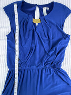 Emma & Michele cobalt blue sleeveless draped pleated bodice jumpsuit at Blue Sparrow Shop measuring 18" shoulder to waist 