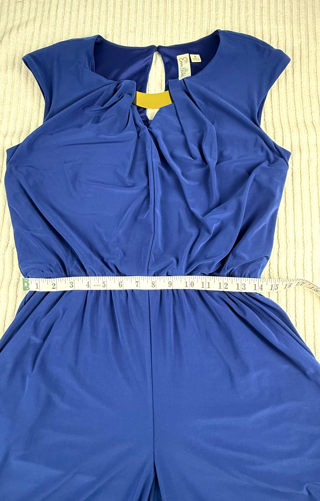 Emma & Michele cobalt blue sleeveless draped pleated bodice jumpsuit at Blue Sparrow Shop measuring 28" waist  elastic relaxed