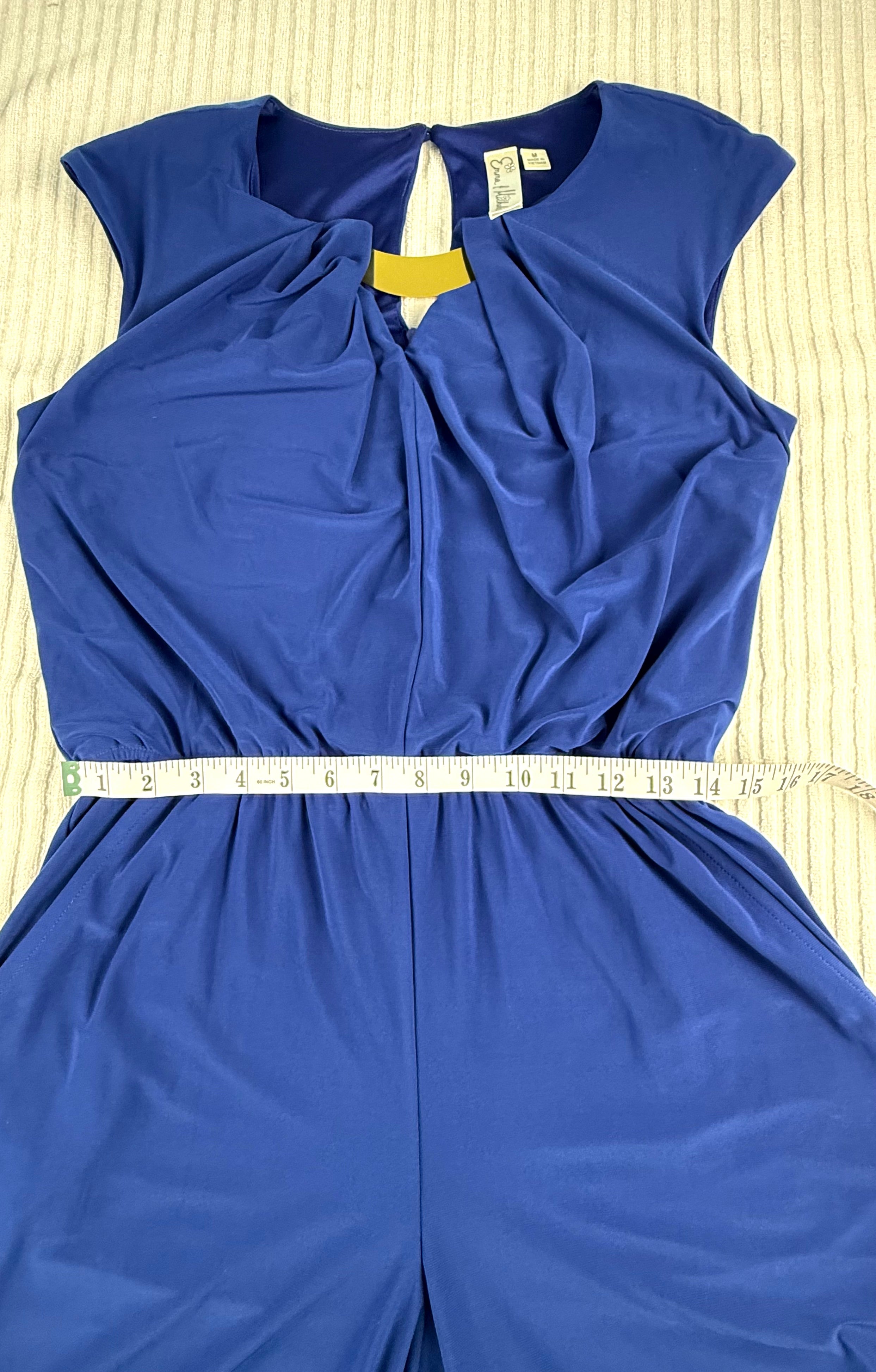 Emma & Michele cobalt blue sleeveless draped pleated bodice jumpsuit at Blue Sparrow Shop measuring 28" waist  elastic relaxed