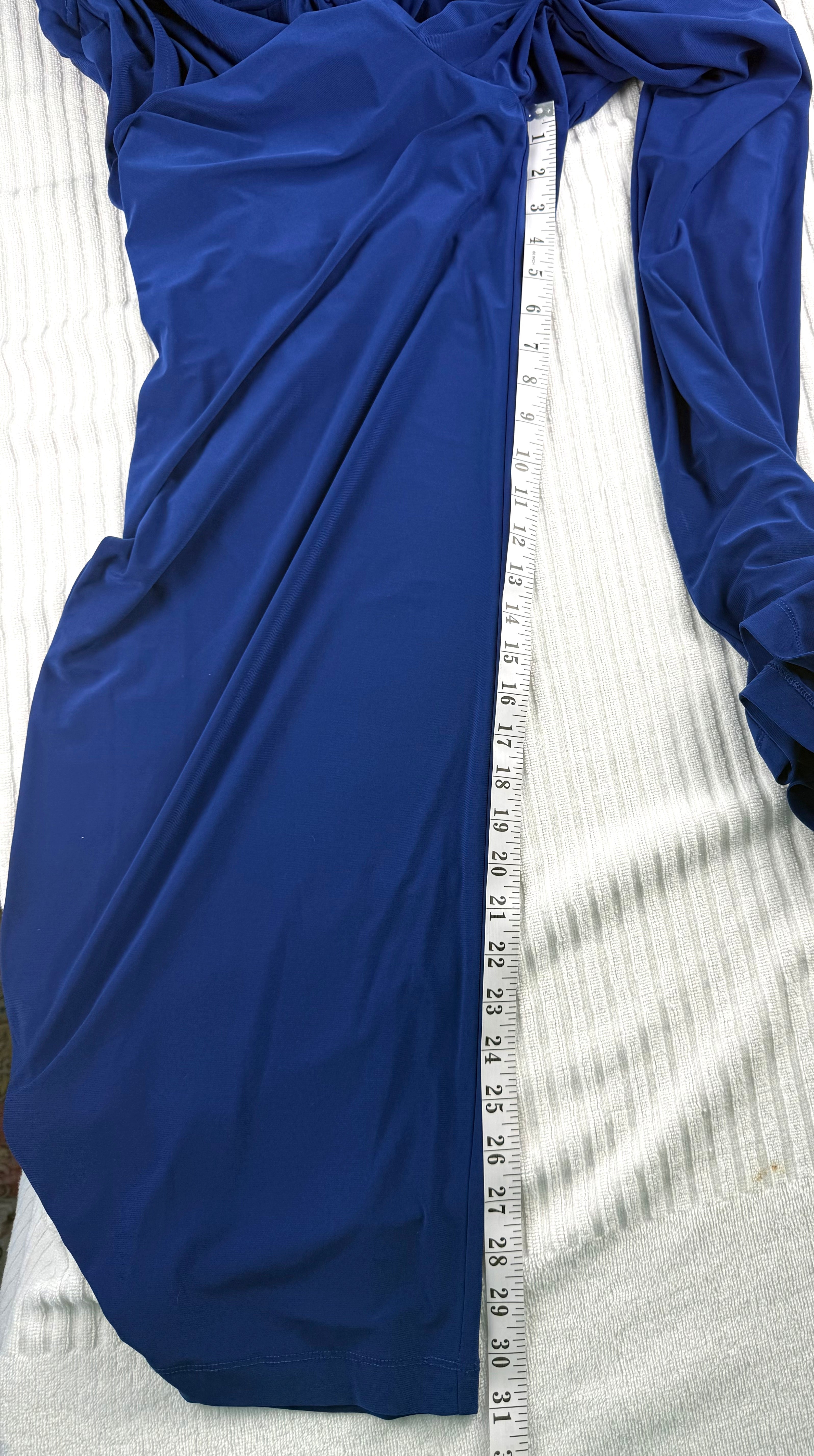 Emma & Michele cobalt blue sleeveless draped pleated bodice jumpsuit at Blue Sparrow Shop measuring 31" inseam 