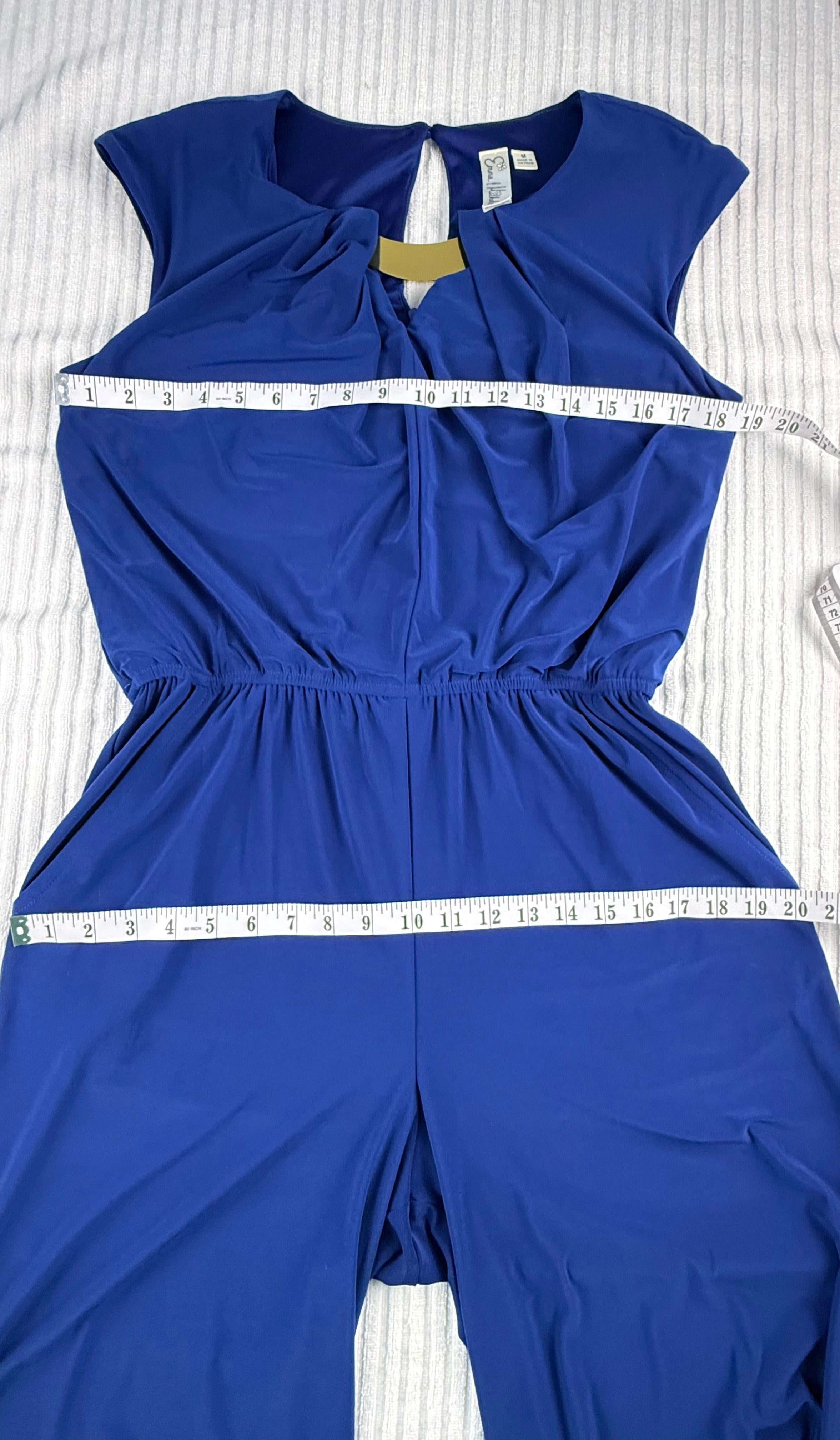 Emma & Michele cobalt blue sleeveless draped pleated bodice jumpsuit at Blue Sparrow Shop measuring 38" bust and 40" hips