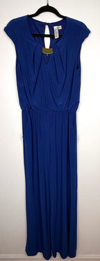 Emma & Michele cobalt blue sleeveless draped pleated bodice jumpsuit at Blue Sparrow Shop on hanger