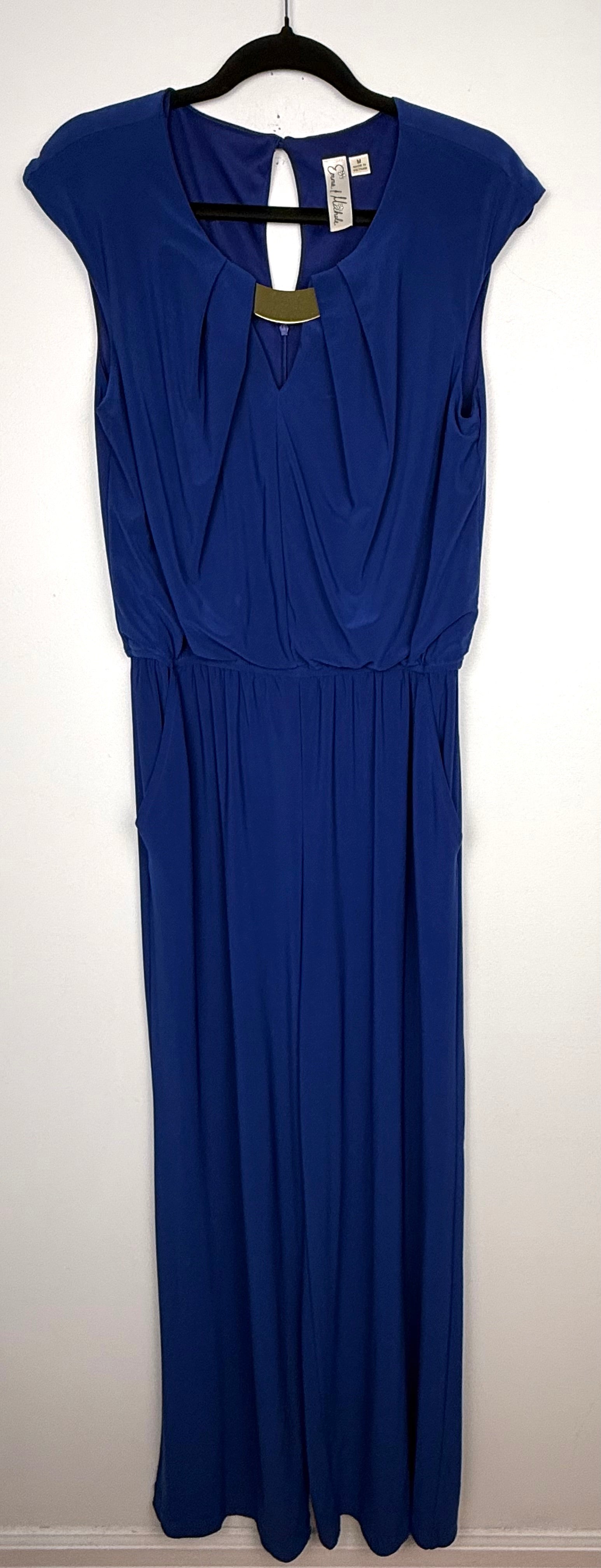 Emma & Michele cobalt blue sleeveless draped pleated bodice jumpsuit at Blue Sparrow Shop on hanger