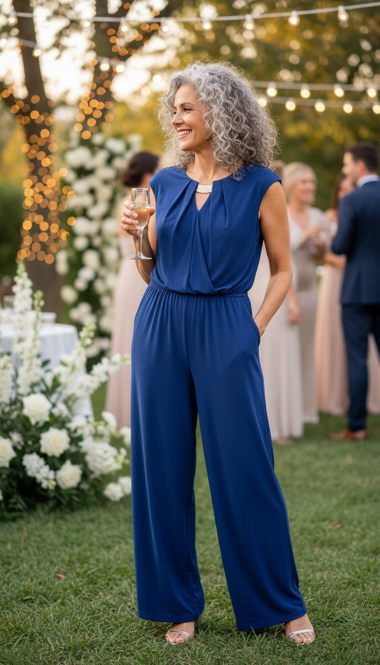 Emma & Michele cobalt blue sleeveless draped pleated bodice jumpsuit at Blue Sparrow Shop on woman at wedding