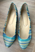 Enzo Angiolini Crystal Rhinestone Striped Pointed Flats on table 