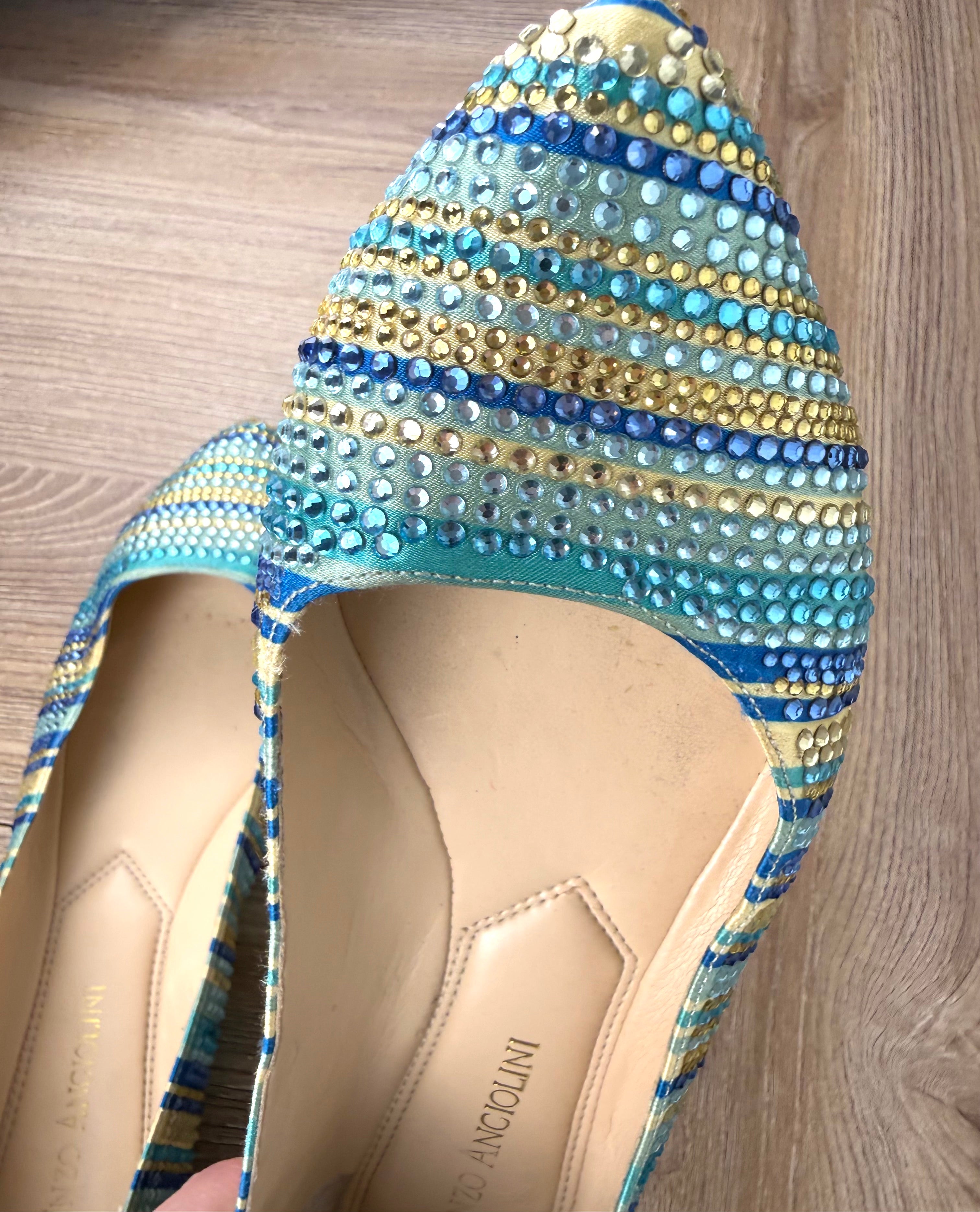 Enzo Angiolini Crystal Rhinestone Striped Pointed Flats  missing some stones on pointed toe