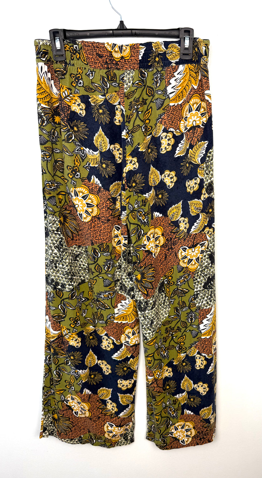 Esprit Patchwork Floral Wide Leg Pants Boho back view  on hanger