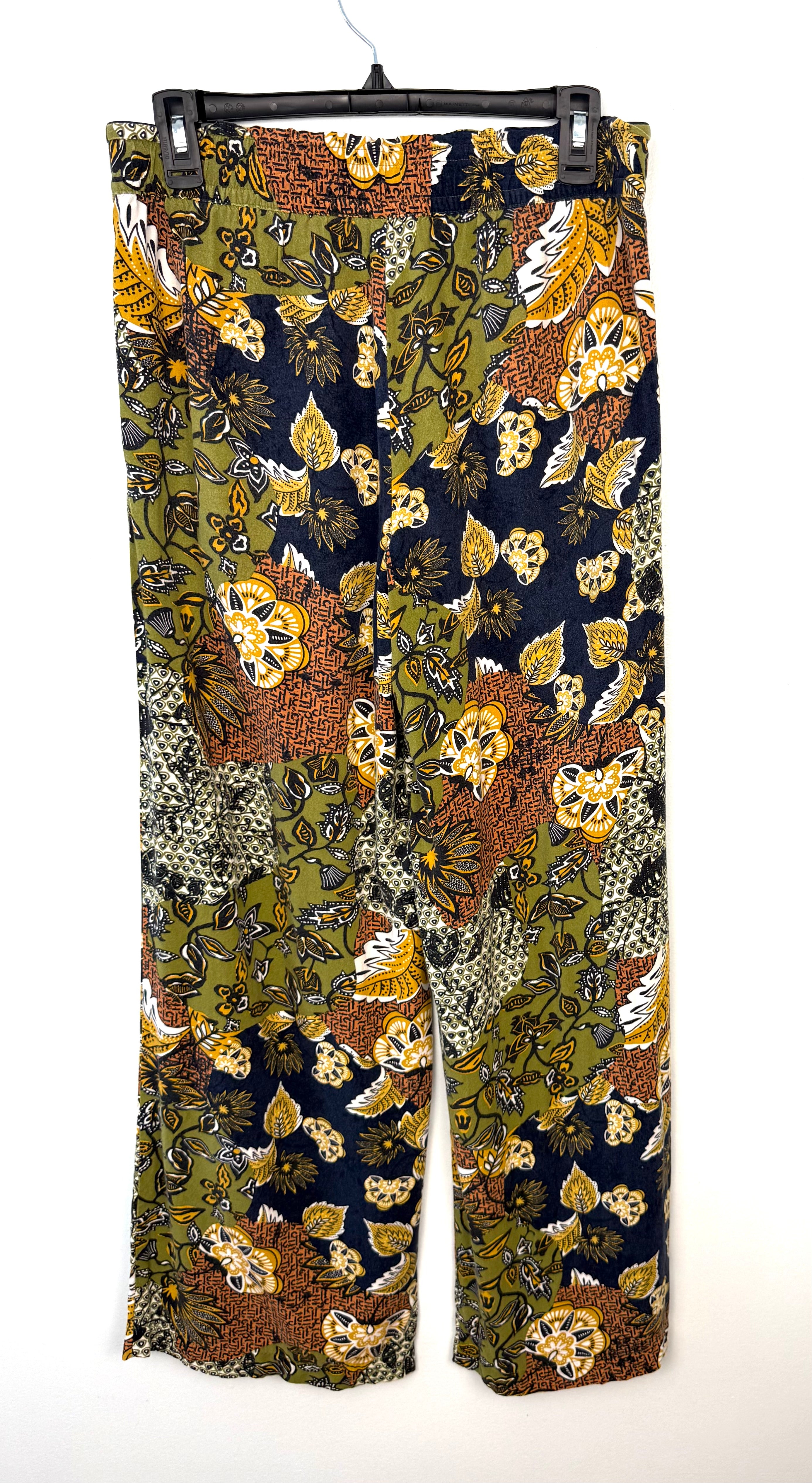 Esprit Patchwork Floral Wide Leg Pants Boho back view  on hanger