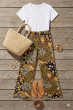 Esprit Patchwork Wide Leg Pants | Size S at Blue Sparrow Resale Shop on flatlay with tshirt, bag, shoes