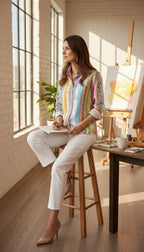 Etro Milano Italian Designer Blouse | Size S/M compare at $1100!  at Blue Sparrow Shop on woman in studio 