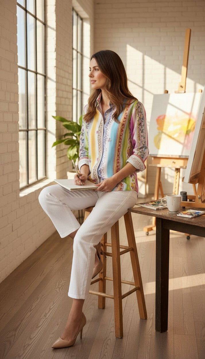 Etro Milano Italian Designer Blouse | Size S/M compare at $1100!  at Blue Sparrow Shop on woman in studio 