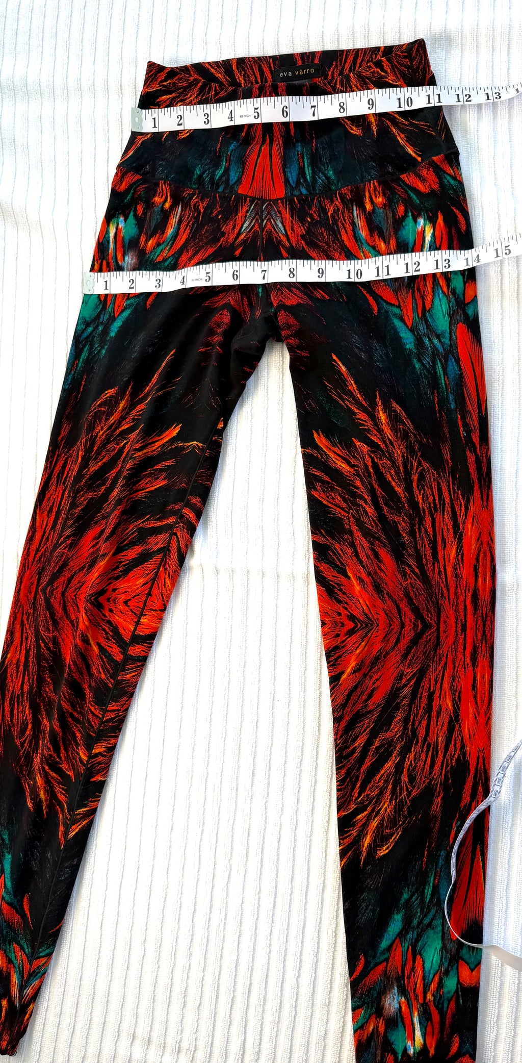Eva Varro Reversible Leggings — Feather Print & Solid Turquoise | Handcrafted in USA | Size XS at Blue Sparrow Shop  measuring 22" waist and 28" hips 