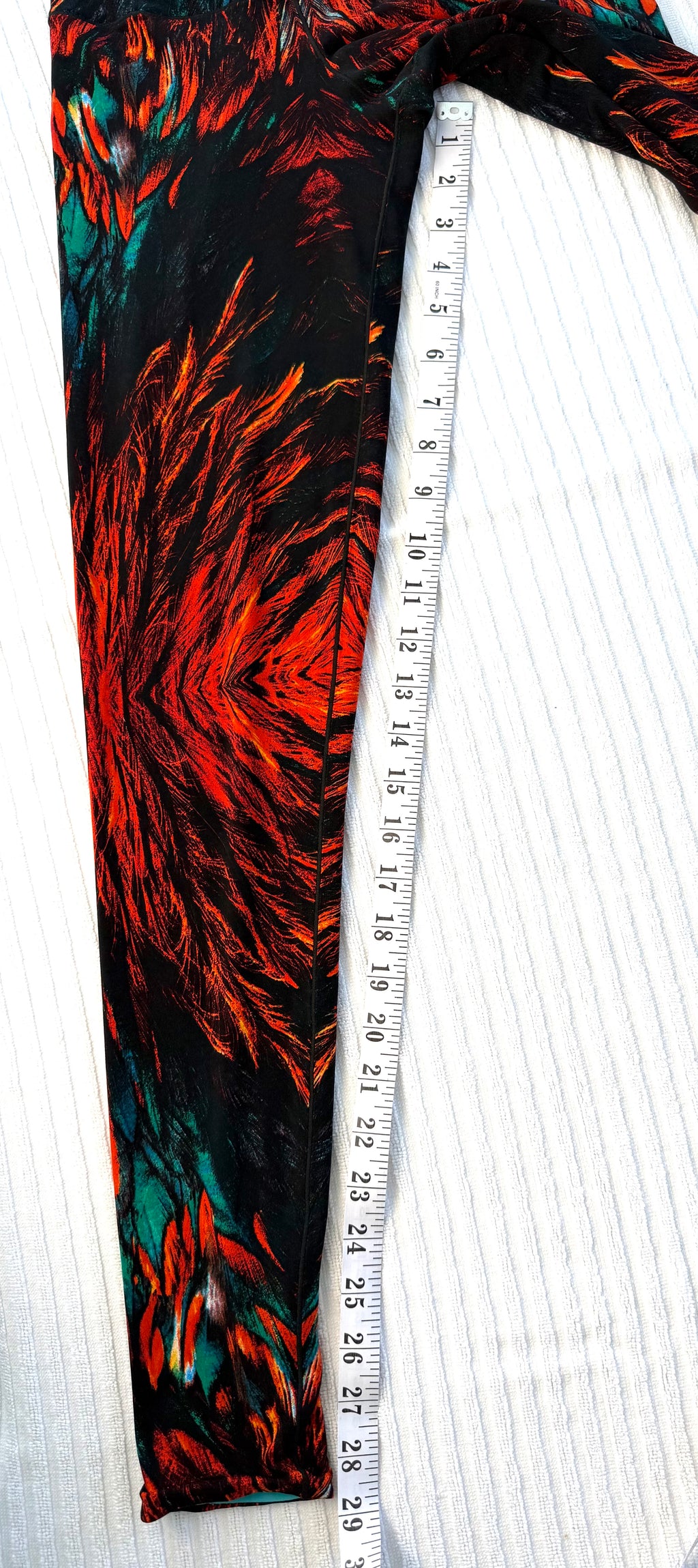 Eva Varro Reversible Leggings — Feather Print & Solid Turquoise | Handcrafted in USA | Size XS at Blue Sparrow Shop  measuring 29" inseam 
