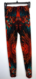 Eva Varro Reversible Leggings — Feather Print & Solid Turquoise | Handcrafted in USA | Size XS at Blue Sparrow Shop  on hanger