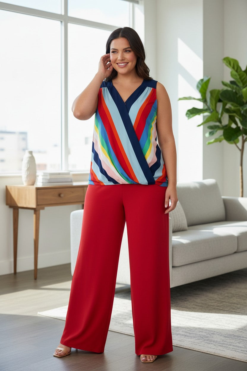 Faux Wrap Tommy Hilfiger Sleeveless Blouse | Size M at Blue Sparrow Shop on woman wearing red wide leg pants