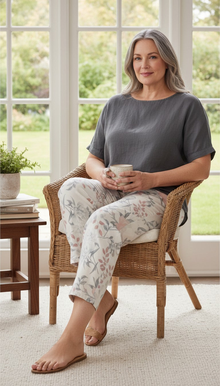 Tribal Brand Floral Jegging Jeans | Size 12 at Blue Sparrow Shop on woman sitting down having coffee
