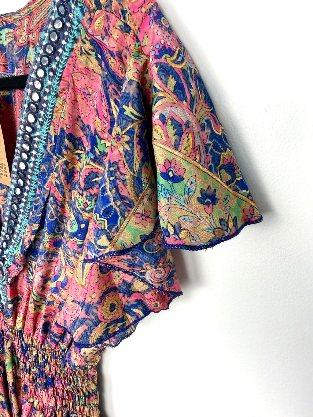 Flutter sleeve detail on 100% art silk beaded embellished boho festival dress 