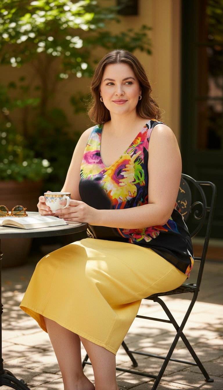Frank Lyman — Bold Abstract Floral Sleeveless Top, Fully Lined, Size L at Blue Sparrow Shop on woman sitting outdoors drinking tea 