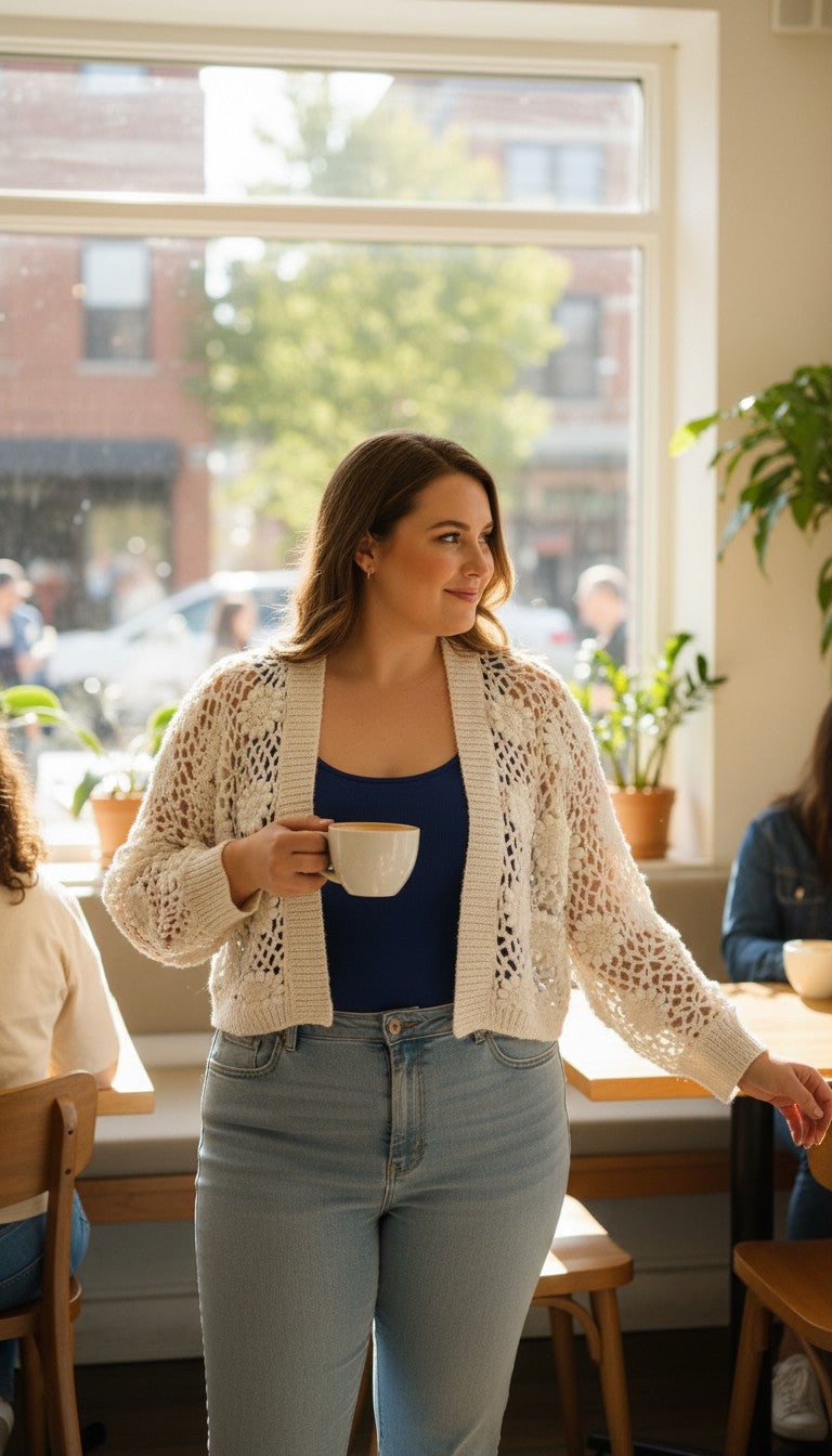 Free by Design Crochet Look Shrug | Size M/L at Blue Sparrow Shop on woman drinking coffee in cafe