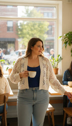Free by Design Crochet Look Shrug | Size M/L at Blue Sparrow Shop on woman drinking coffee in cafe