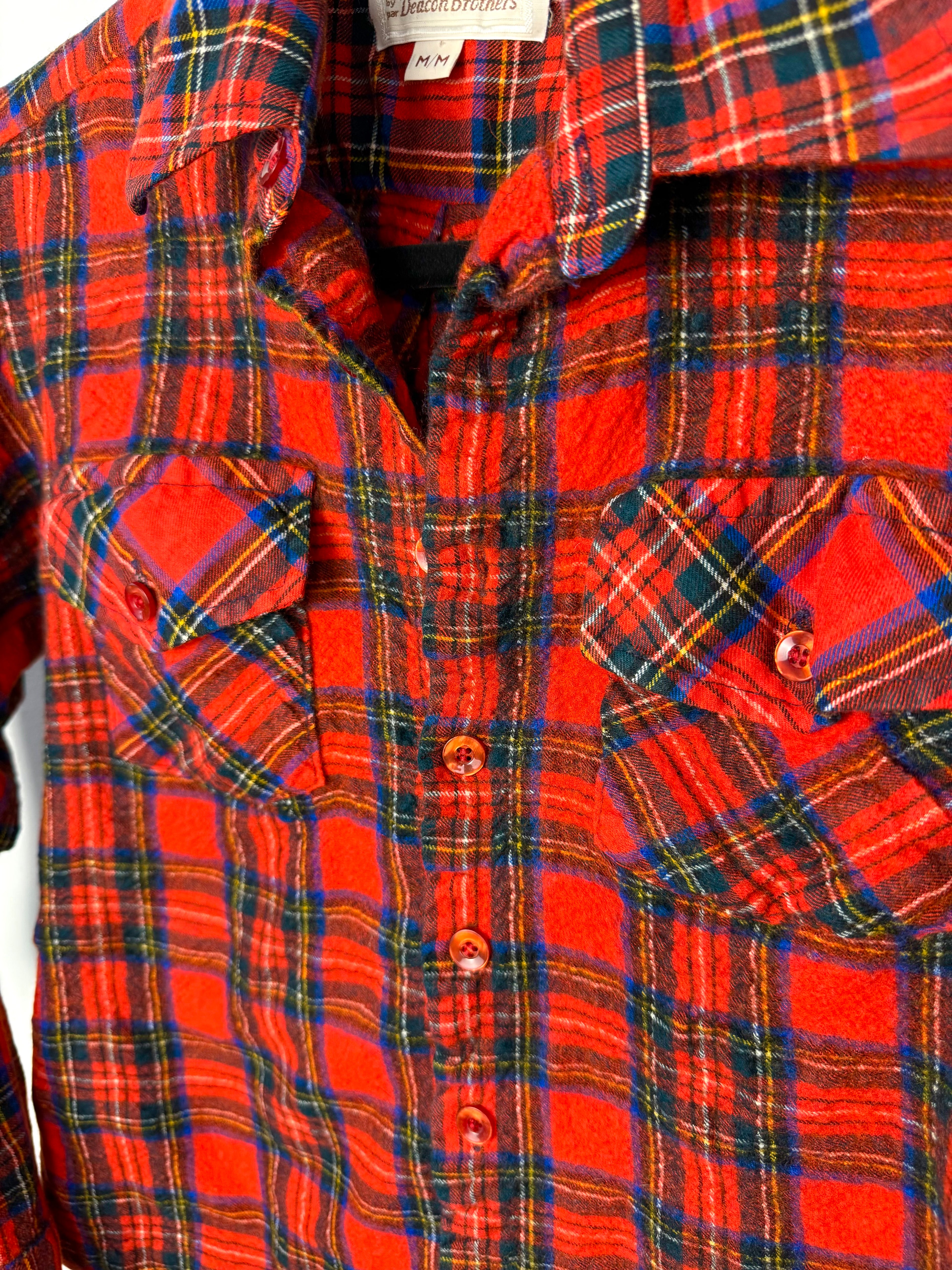 Front pocket and collar detail on Vintage Viyella by Deacon Brothers red Royal Stewart tartan shirt 