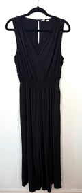 GAP black sleeveless wide leg jumpsuit size large with deep V neckline and elastic waist front view