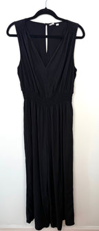 GAP black sleeveless wide leg jumpsuit size large with deep V neckline and elastic waist front view