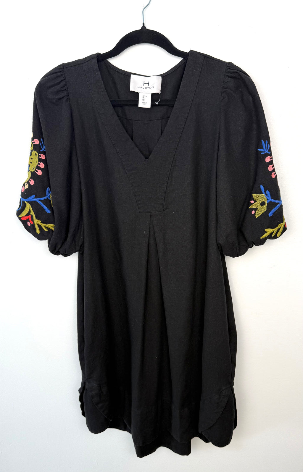 Halston black embroidered women’s linen blend dress size L front view