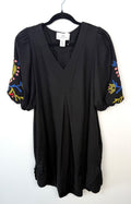 Halston black embroidered women’s linen blend dress size L front view